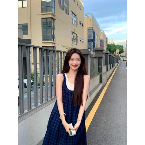 原版做法格子无袖连衣裙法式风森系复古小清新设计感吊带背心长裙