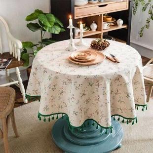 Round Print Tablecloth Cotton Tassel Elegant Linen Floral