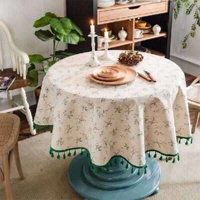 Elegant Floral Print Round Tablecloth Cotton Linen Tassel