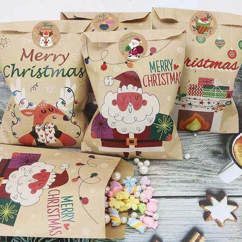 24Set Christmas Gift Bag Kraft Paper Bags Santa Claus Snowma
