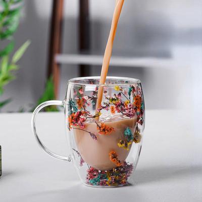 Creative Double Wall Glass Cup Real Flower Conch Flash Fille