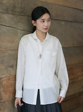 Seams Sense｜宽松休闲通勤莱赛尔黑白条纹元宝领长袖衬衫01002