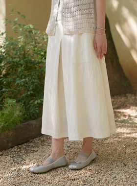Seams Sense｜简约复古米白色松紧腰工字褶百搭休闲半身裙17157
