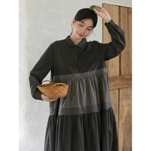 Seams Sense|文艺复古感灰色元宝领拼接抽褶蛋糕长连衣裙17177