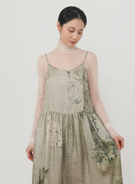 Seams Sense｜新中式原创印花铜氨丝垂感吊带A字抽褶连衣裙04008
