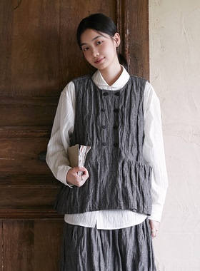 Seams Sense｜复古金属丝褶皱感灰色双排扣抽褶圆领宽松马甲17179