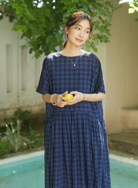 Seams Sense｜ 圆领深蓝格拼接抽褶宽松短袖连衣裙两件套17169