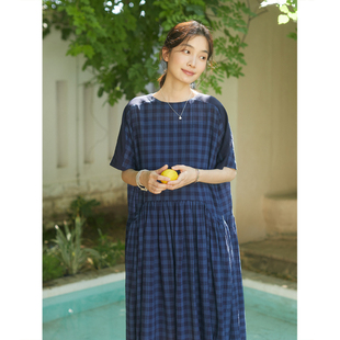 连衣裙两件套17169 圆领深蓝格拼接抽褶宽松短袖 Seams Sense｜