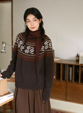 Seams Sense｜秋冬文艺复古圆领卷边花朵费尔岛浣熊绒毛衣54003