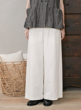 Seams Sense｜休闲简约宽松白色松紧腰九分A型微喇阔腿长裤01004