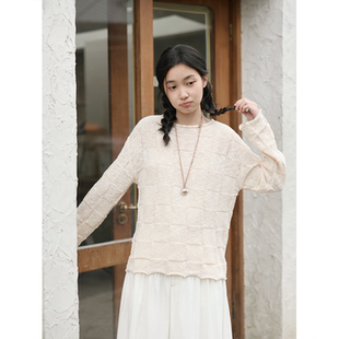 Seams Sense｜百搭慵懒松弛浅杏色圆领棋盘格针织套头毛衣17187