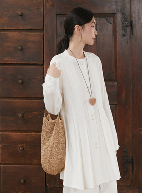 Seams Sense｜文艺简约通勤圆领米白中长倒褶衬衫17176