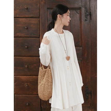 Seams Sense｜文艺简约通勤圆领米白中长倒褶衬衫17176