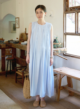 Seams Sense｜简约休闲不规则风琴竖褶圆领无袖背心连衣长裙17166