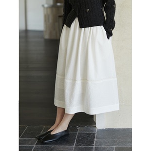 Seams Sense｜清冷气质松紧腰碎褶绣花白色A字中长半身裙17122