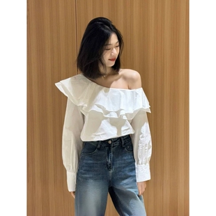 女早春韩系洋派荷叶边露肩上衣外穿 衬衫 法式 小众独特漂亮斜肩长袖