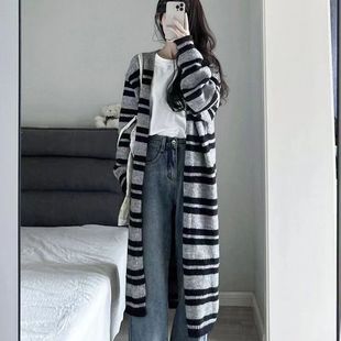 宽松设计感小众开衫 新款 上衣女 针织毛衣外套女秋季 复古条纹中长款