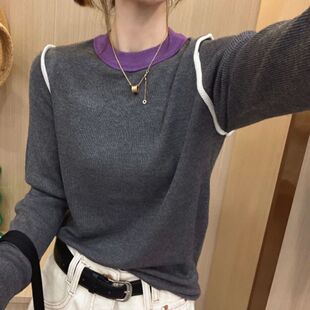 打底衫 针织衫 圆领拼色新款 百搭简约显瘦内搭长袖 时尚 美拉德秋冬季