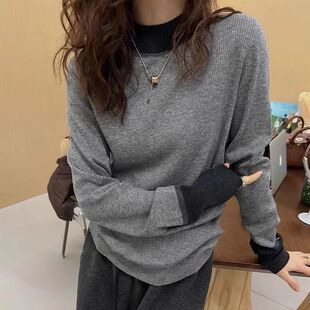 长袖 设计感袖 欧货休闲简约套头打底衫 秋季 针织上衣女 口撞色针织衫