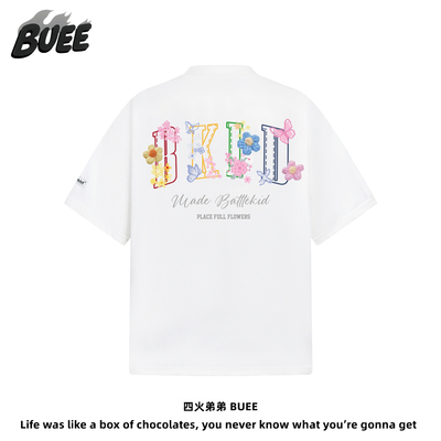 BUEE美式立体花朵短袖T恤男女