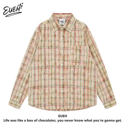 EUEH美式格纹破洞水洗做旧衬衫