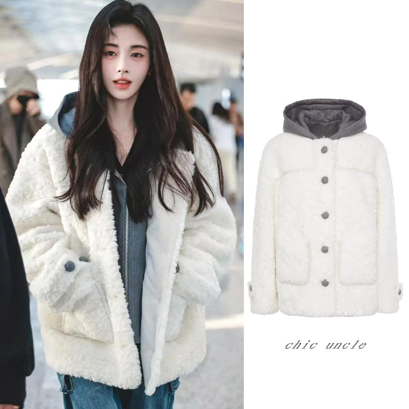 猫猫风假两件连帽羊羔毛外套棉服