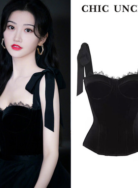 景甜古力娜扎同款黑色丝绒蝴蝶结吊带裹胸外穿鱼骨上衣女内搭背心