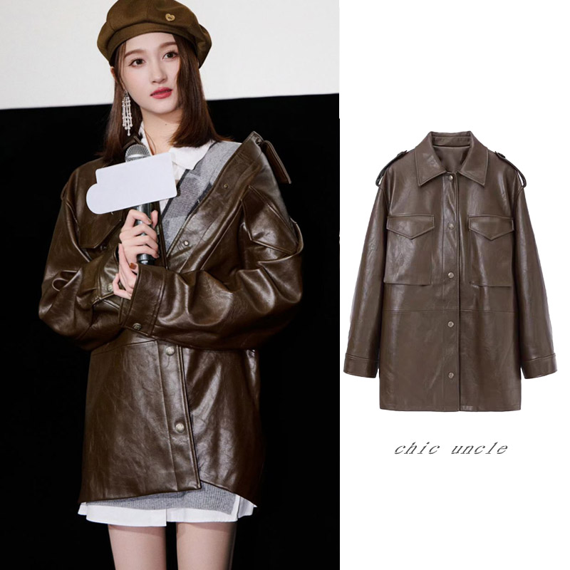 港风机车美拉德穿搭咖色皮衣外套