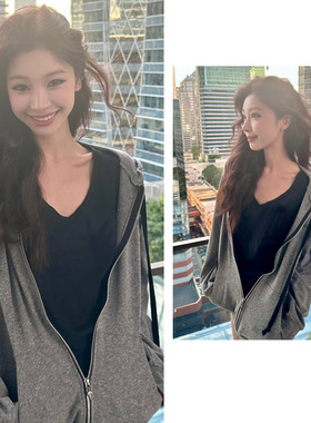 易梦玲同款灰色连帽卫衣女2026春季新款百搭宽松拉链开衫外套上衣