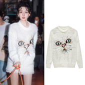 宋祖儿同款 软糯刺绣猫咪套头毛衣女秋冬宽松慵懒风外穿针织衫 上衣