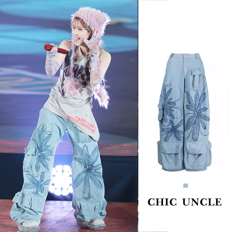 高街多口袋工装裤涂鸦直筒牛仔裤