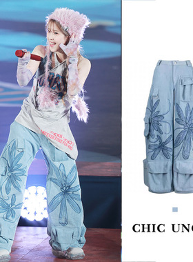 iu同款蓝色高街多口袋工装裤女多巴胺涂鸦韩版宽松直筒阔腿牛仔裤