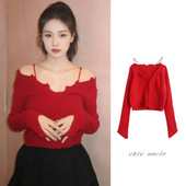 新年红色毛边一字肩针织衫 女25春季 新款 白鹿同款 气质吊带长袖 上衣