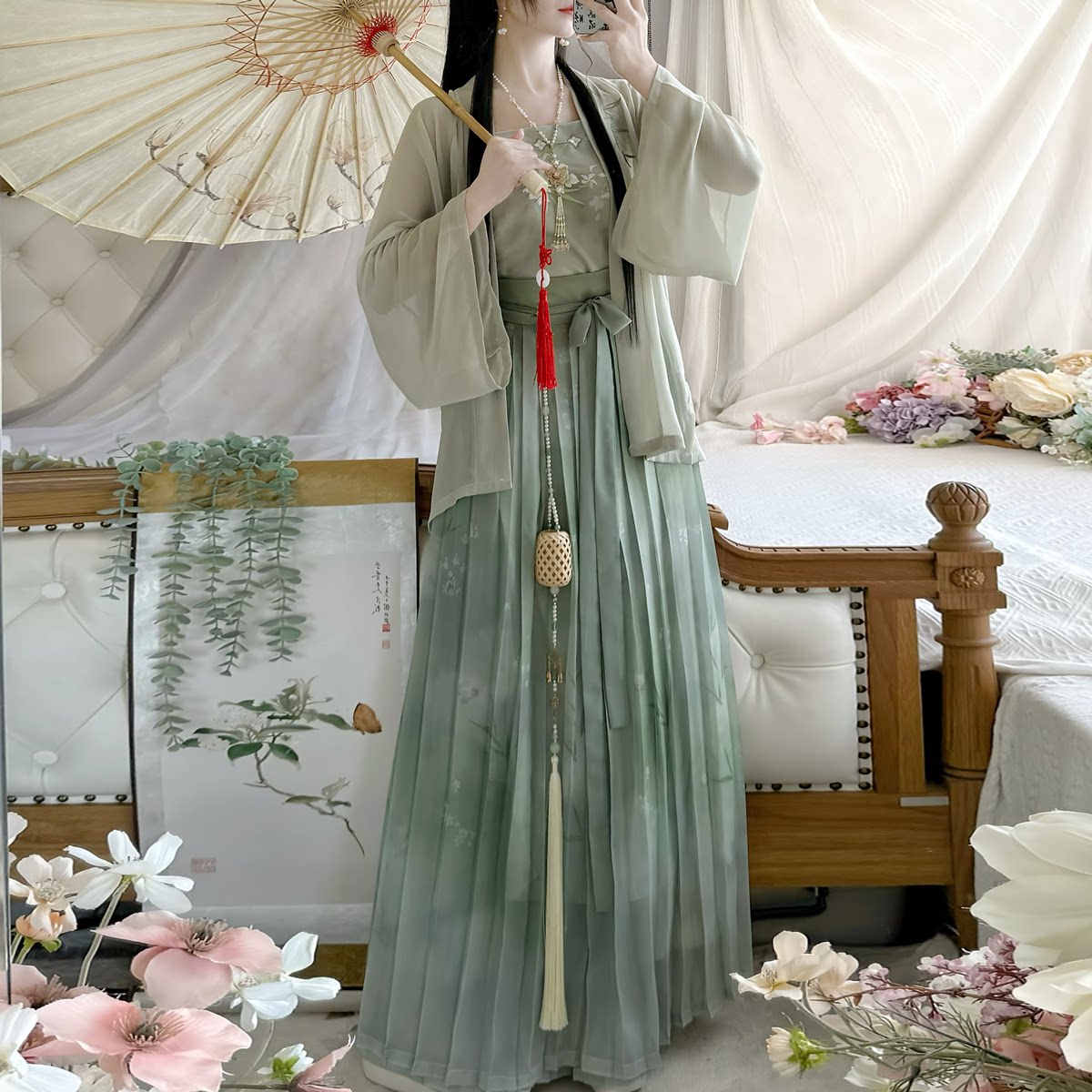 芳华庭原创【初夏】短款宋制汉服女刺绣吊带百褶裙改良日常春夏秋