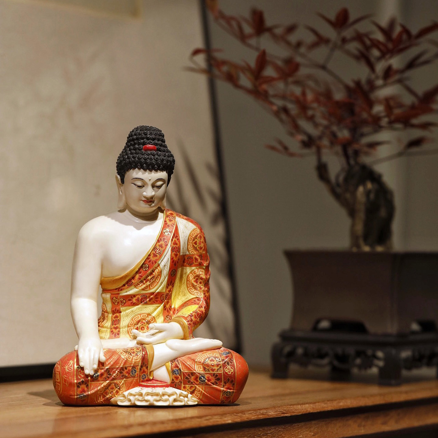 九鲤猛犸牙彩绘如来佛像雕像室内玄关家居文玩摆件收藏品