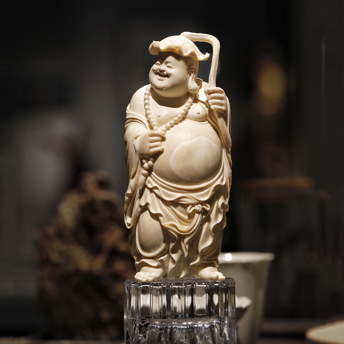 九鲤猛犸牙笑纳福缘弥勒佛佛像雕像室内玄关家居文玩摆件收藏品