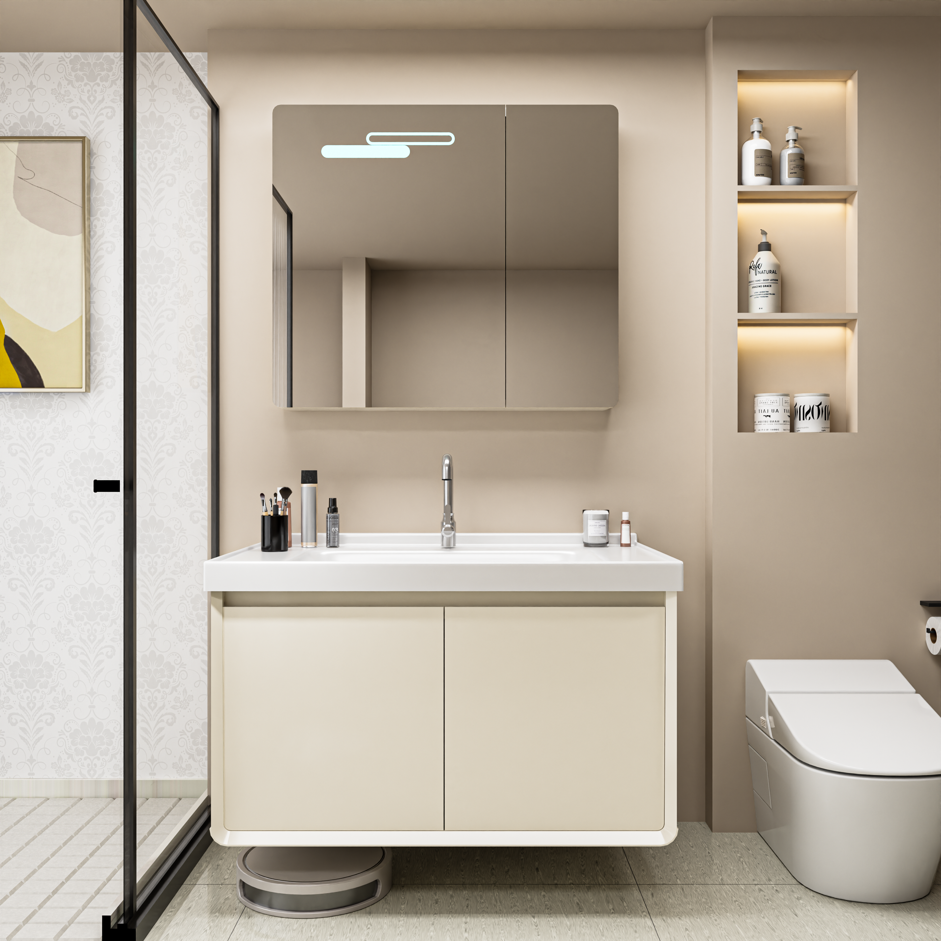 航空碳钢浴室柜洗手盆柜组合陶瓷一体卫生间奶油风洗漱洗脸台防水,家装主材,浴室柜组合,淘宝优惠券,粉丝福利购,淘宝优惠卷