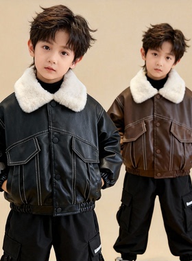 男童皮衣外套冬季加绒加厚2025新款冬季儿童夹棉夹克宝宝冬装衣服