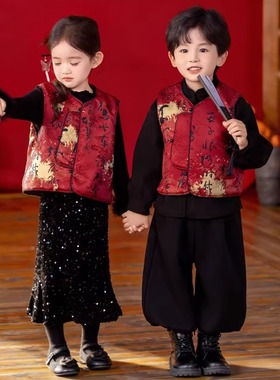 男女宝宝冬季红色喜庆拜年服汉服幼儿园元旦国学表演服兄妹装唐装