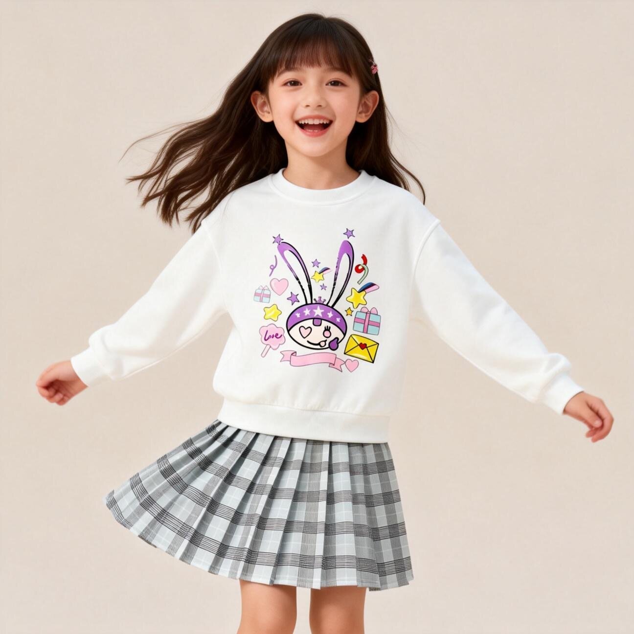 女童春装套装2026年新款卡通卫衣儿童秋季格子裙百褶短裙子两件套