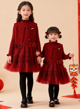 女童连衣裙秋冬小香风套装裙中大童红色拜年服网纱裙加绒公主裙子