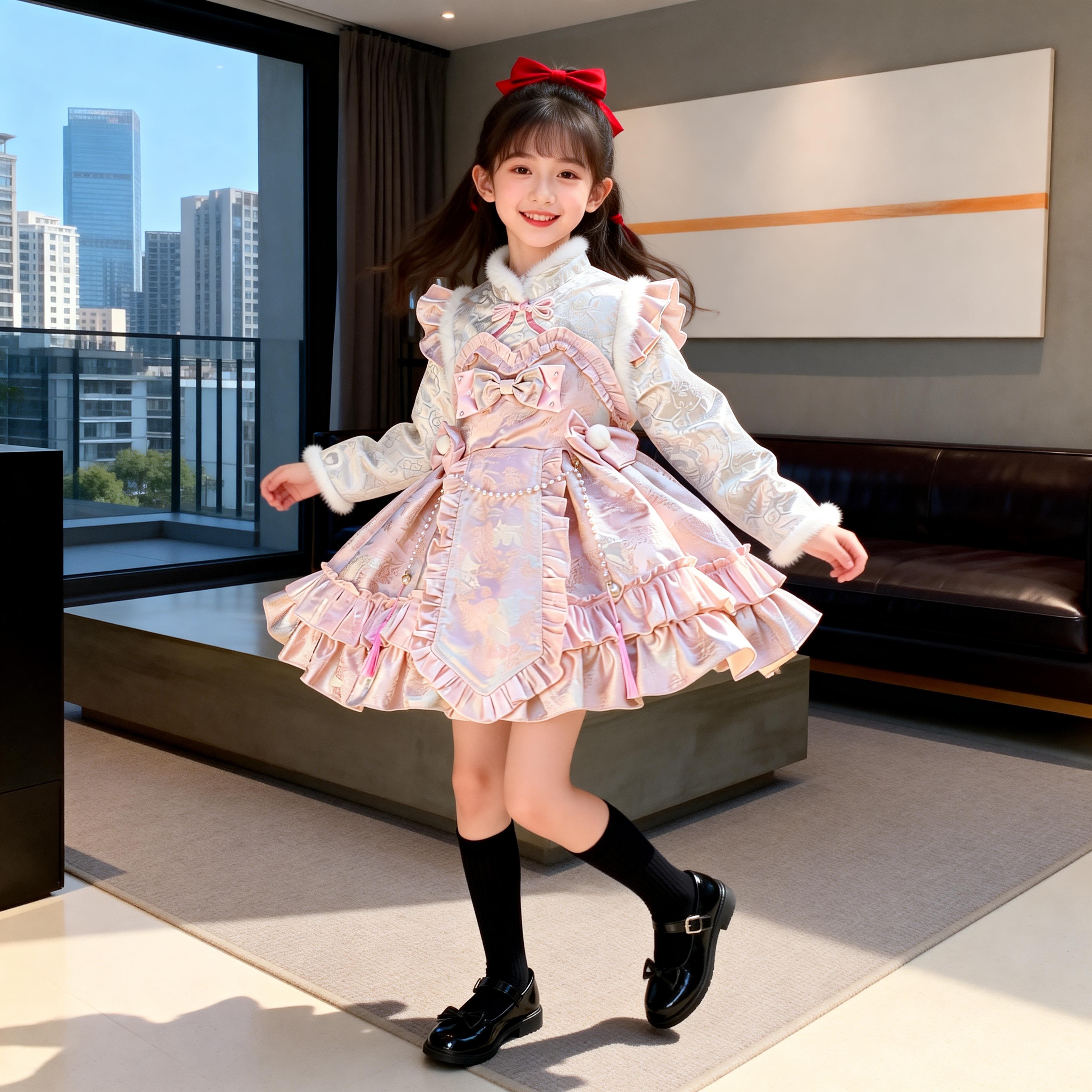 国风冬装新款丝绒裙女童洛丽塔连衣裙女宝宝泡泡袖衬衫背心裙套装