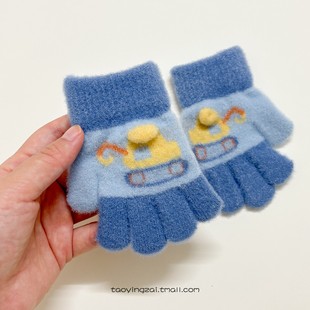 儿童手套男宝宝秋冬季卡通保暖针织小五指男童挖掘机防风分指手套