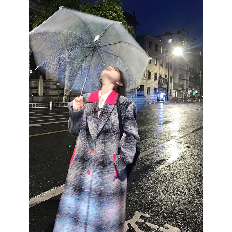 FunnJ方几 复古封神MVP格纹中长款夹棉毛呢大衣女厚长款呢子外套