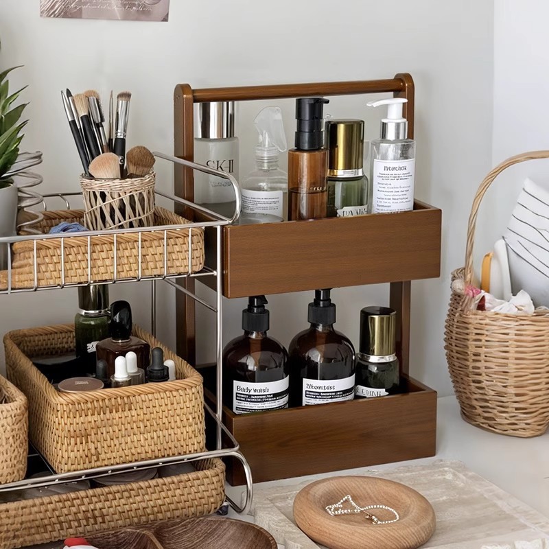 实木化妆品收纳盒桌面置物架轻奢高级感口红护肤品首饰多层收纳架