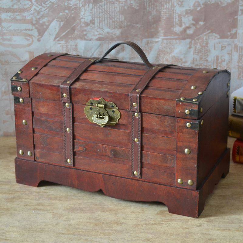 欧式复古带锁箱子仿古藏宝箱做旧木箱收纳整理装饰摄影道具