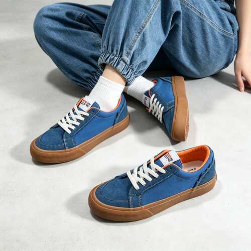 滑板鞋爆炸头刺绣帆布鞋休闲联名sk8low男女2026新款蓝色咖底潮牌