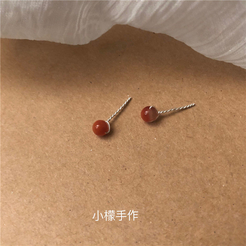 凉山柿子红4mm天然南红玛瑙足银耳钉防过敏简约养耳纯手工耳饰女