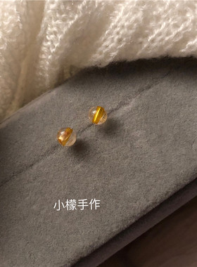 4mm天然好品质招财金发晶手作耳钉纯银99足银耳骨钉睡觉不用摘女