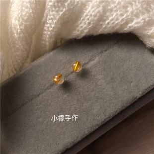 4mm天然好品质招财金发晶手作耳钉纯银99足银耳骨钉睡觉不用摘女